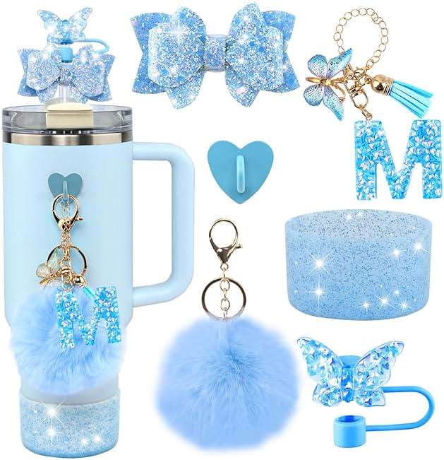 Rabrgab 6Pcs Blue Stanley Cup Accessories Set - Butterfly Straw Topper Cover Cap, Bling Bow for Straw, Sparkly Silicone Boot, Letter Charm and Pompom for Stanley Cups Tumbler 40Oz 30Oz 20Oz M - Image 1