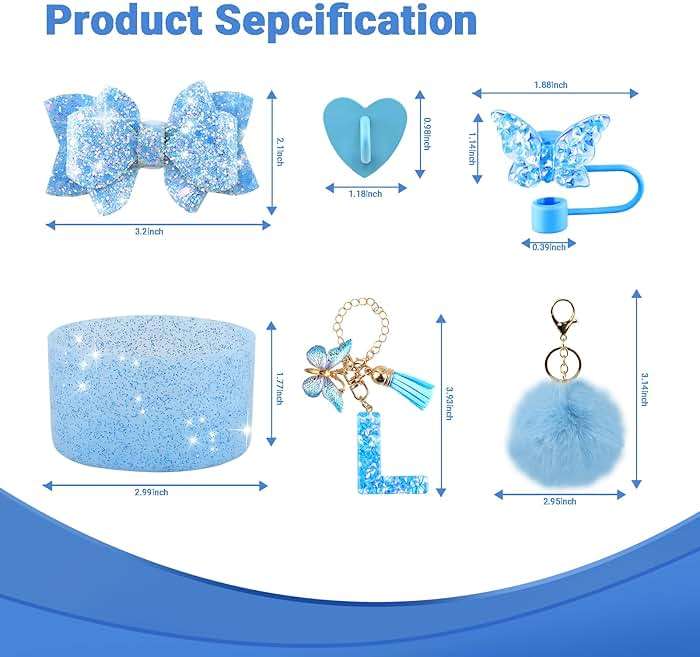 Rabrgab 6Pcs Blue Stanley Cup Accessories Set - Butterfly Straw Topper Cover Cap, Bling Bow for Straw, Sparkly Silicone Boot, Letter Charm and Pompom for Stanley Cups Tumbler 40Oz 30Oz 20Oz M - Image 2