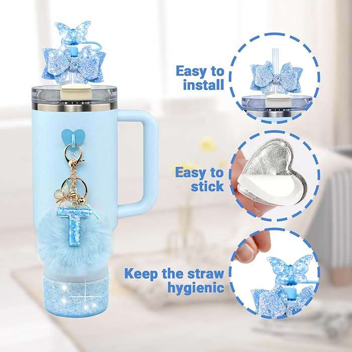 Rabrgab 6Pcs Blue Stanley Cup Accessories Set - Butterfly Straw Topper Cover Cap, Bling Bow for Straw, Sparkly Silicone Boot, Letter Charm and Pompom for Stanley Cups Tumbler 40Oz 30Oz 20Oz M - Image 3