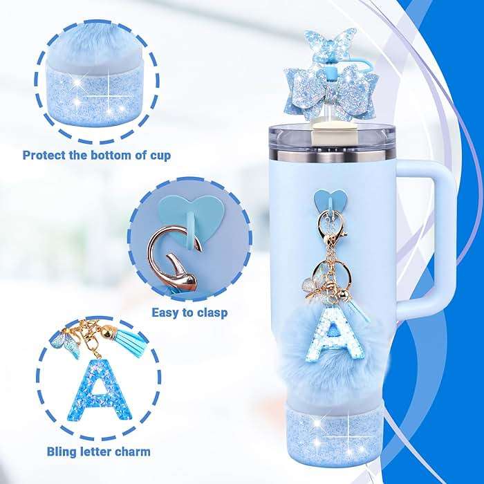 Rabrgab 6Pcs Blue Stanley Cup Accessories Set - Butterfly Straw Topper Cover Cap, Bling Bow for Straw, Sparkly Silicone Boot, Letter Charm and Pompom for Stanley Cups Tumbler 40Oz 30Oz 20Oz M - Image 4