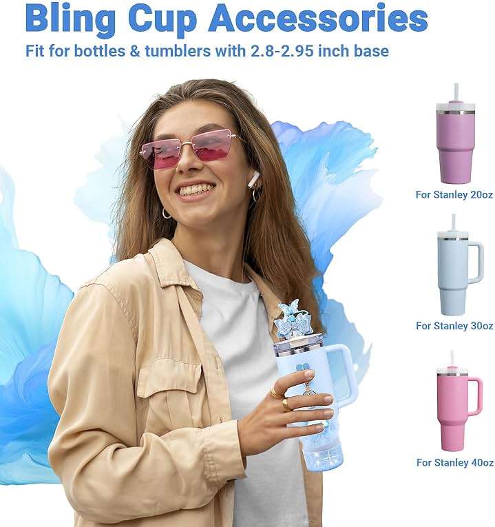 Rabrgab 6Pcs Blue Stanley Cup Accessories Set - Butterfly Straw Topper Cover Cap, Bling Bow for Straw, Sparkly Silicone Boot, Letter Charm and Pompom for Stanley Cups Tumbler 40Oz 30Oz 20Oz M - Image 5