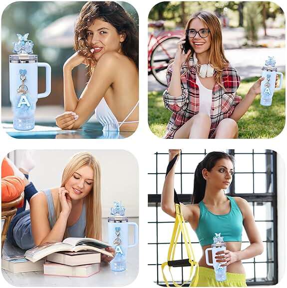 Rabrgab 6Pcs Blue Stanley Cup Accessories Set - Butterfly Straw Topper Cover Cap, Bling Bow for Straw, Sparkly Silicone Boot, Letter Charm and Pompom for Stanley Cups Tumbler 40Oz 30Oz 20Oz M - Image 6