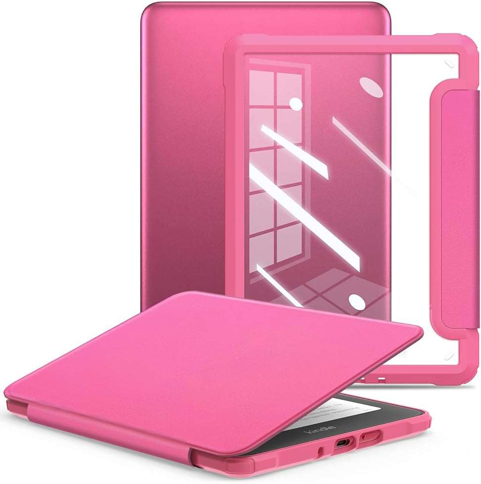 E NET-CASE Case for 7" Kindle Paperwhite 12th Gen 2024 Released & Kindle Colorsoft (1st Gen.2024/2025),Clear Back Shell Durable PU Leather Cover with Auto Sleep Wake,Raspberry - Image 1