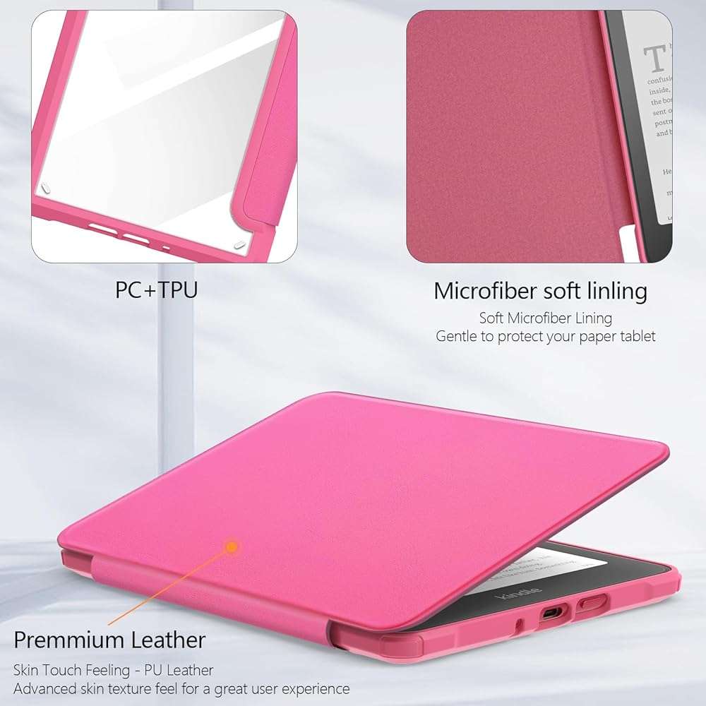 E NET-CASE Case for 7" Kindle Paperwhite 12th Gen 2024 Released & Kindle Colorsoft (1st Gen.2024/2025),Clear Back Shell Durable PU Leather Cover with Auto Sleep Wake,Raspberry - Image 3