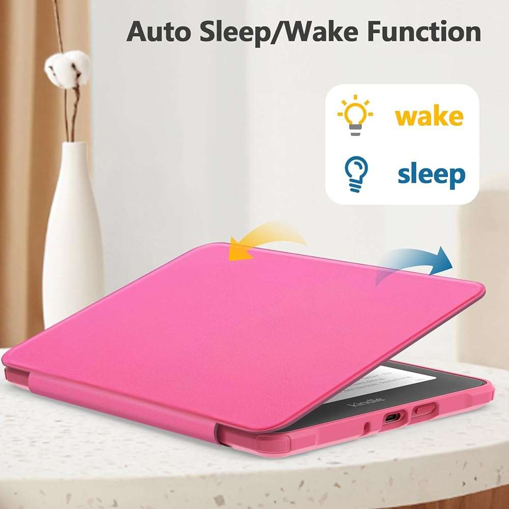E NET-CASE Case for 7" Kindle Paperwhite 12th Gen 2024 Released & Kindle Colorsoft (1st Gen.2024/2025),Clear Back Shell Durable PU Leather Cover with Auto Sleep Wake,Raspberry - Image 4