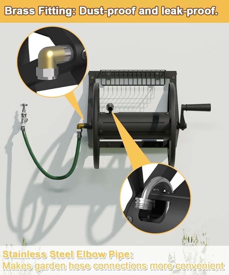 Artigarden Triangle Wall Mounted Garden Hose Reel, Outdoor Heavy-Duty Water Hoses Holder Winder, Holds 125 Ft of 5/8-Inch Hose, with 3.9 ft Leader Hose, Brass Fitting, Storage Basket for Yard, Black - Image 3