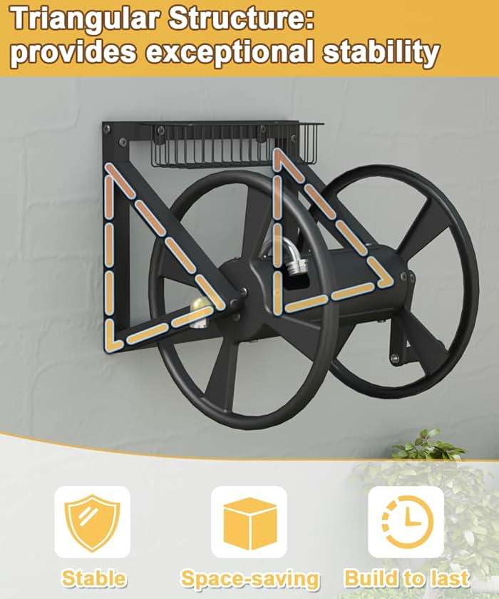 Artigarden Triangle Wall Mounted Garden Hose Reel, Outdoor Heavy-Duty Water Hoses Holder Winder, Holds 125 Ft of 5/8-Inch Hose, with 3.9 ft Leader Hose, Brass Fitting, Storage Basket for Yard, Black - Image 5
