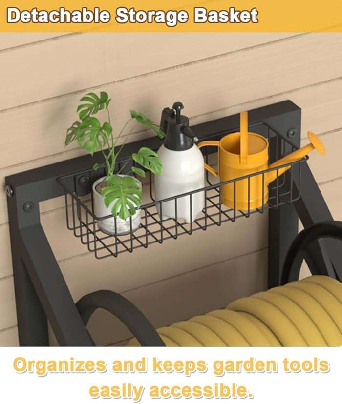Artigarden Triangle Wall Mounted Garden Hose Reel, Outdoor Heavy-Duty Water Hoses Holder Winder, Holds 125 Ft of 5/8-Inch Hose, with 3.9 ft Leader Hose, Brass Fitting, Storage Basket for Yard, Black - Image 7