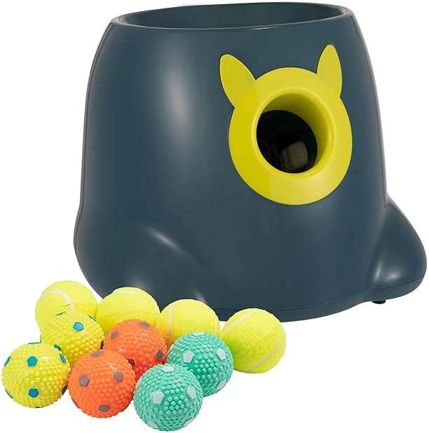 WIGGLYTAIL Automatic Ball Launcher for Dogs, Dog Fetch Ball Thrower Launcher, 3 Adjustable Distances, Interactive Pet Self Playing for Small Dogs and Puppies with 10 Balls (2 inches) - Image 1
