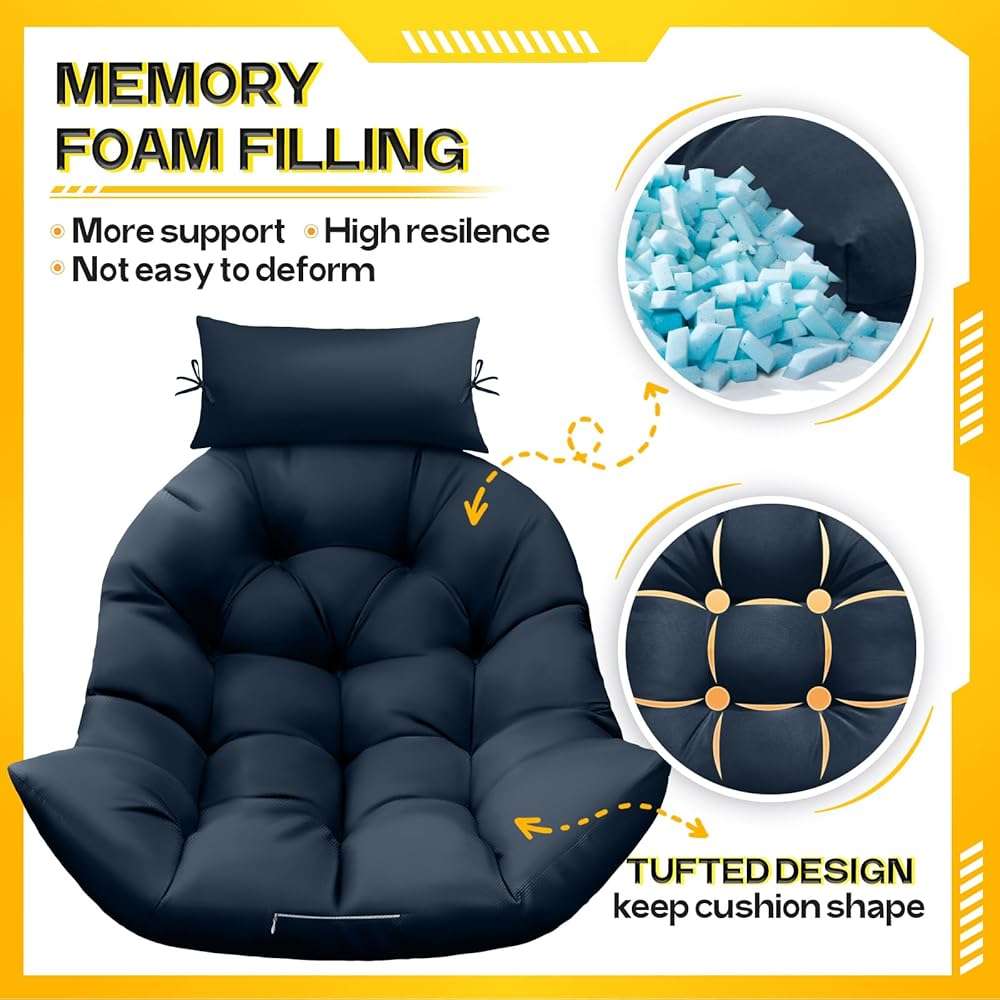 MAGIC ELEPHANT Egg Chair Cushion, Memory Foam Hanging Egg Chair Cushion Replacement, Indoor Outdoor Hammock Basket Swing Cushion with Headrest (Blue) - Image 3