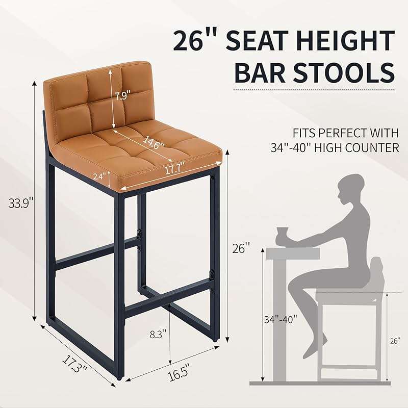FIRAVOE Bar Height Stools Set of 4, PU Leather Barstools Modern Counter Stools with Back and Thickened Metal Legs, Bar Chairs for Kitchen Island (Caramel Brown, 4Pcs 26" Counter Stools) - Image 2