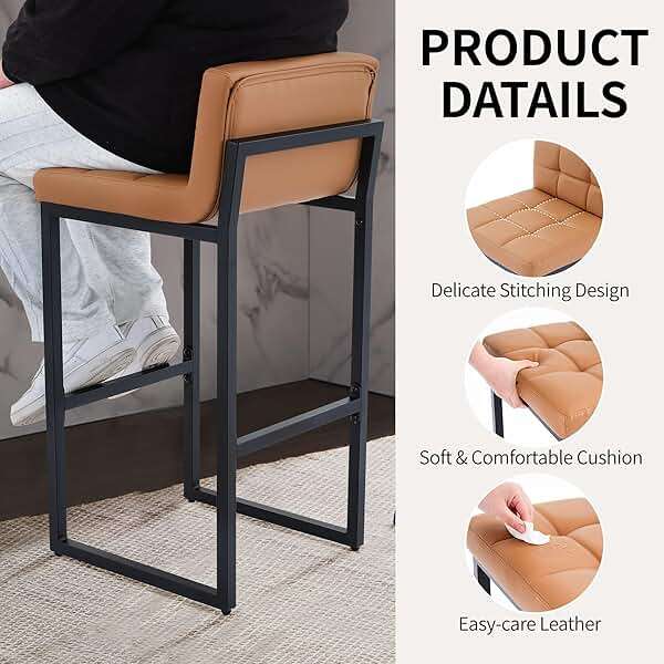 FIRAVOE Bar Height Stools Set of 4, PU Leather Barstools Modern Counter Stools with Back and Thickened Metal Legs, Bar Chairs for Kitchen Island (Caramel Brown, 4Pcs 26" Counter Stools) - Image 3