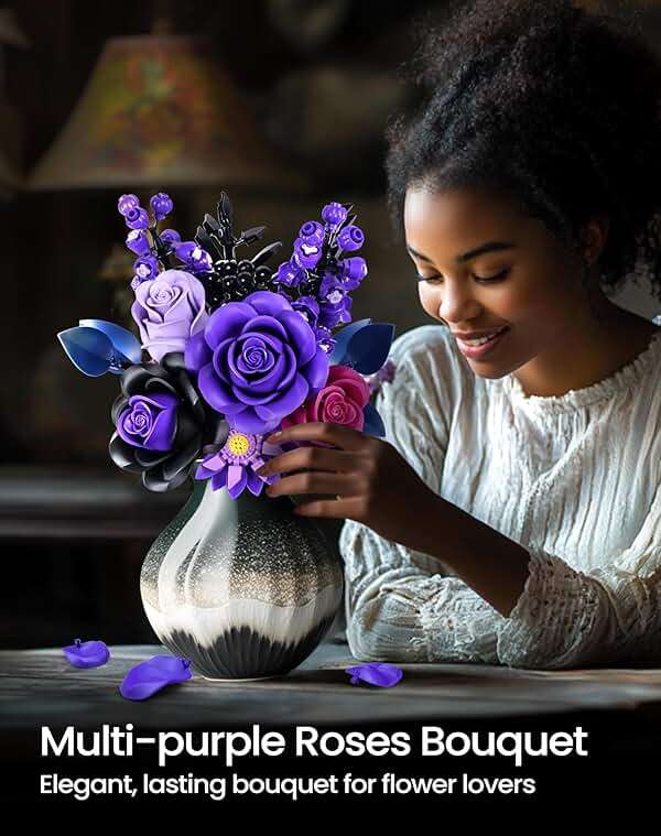 iATOM Flower Bouquet Building Set, Purple Roses Botanical Collection Kits for Adults Women, Gift for Mothers Day for Her/Mom/Girlfriend/Wife/Couple, Gothic Modern Home Room Office Table Decor - Image 2
