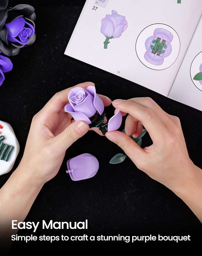 iATOM Flower Bouquet Building Set, Purple Roses Botanical Collection Kits for Adults Women, Gift for Mothers Day for Her/Mom/Girlfriend/Wife/Couple, Gothic Modern Home Room Office Table Decor - Image 5
