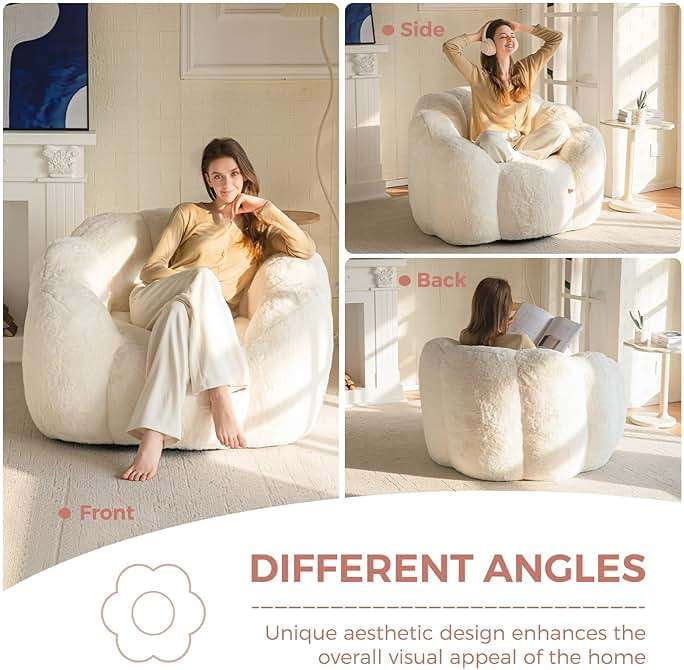 MAXYOYO Bean Bag Chair for Adults, Floral Shaped Bean Bag Sofa, Ultra Soft Faux Fur Floor Sofa, Large Reading Chair for Living Room Bedroom, Beige, Single - Image 3