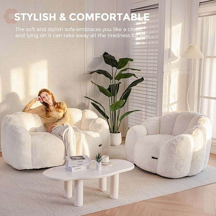 MAXYOYO Bean Bag Chair for Adults, Floral Shaped Bean Bag Sofa, Ultra Soft Faux Fur Floor Sofa, Large Reading Chair for Living Room Bedroom, Beige, Single - Image 5
