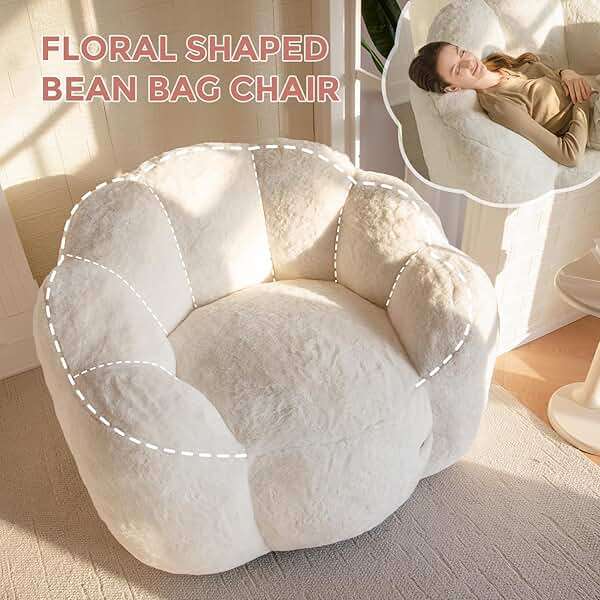 MAXYOYO Bean Bag Chair for Adults, Floral Shaped Bean Bag Sofa, Ultra Soft Faux Fur Floor Sofa, Large Reading Chair for Living Room Bedroom, Beige, Single - Image 6