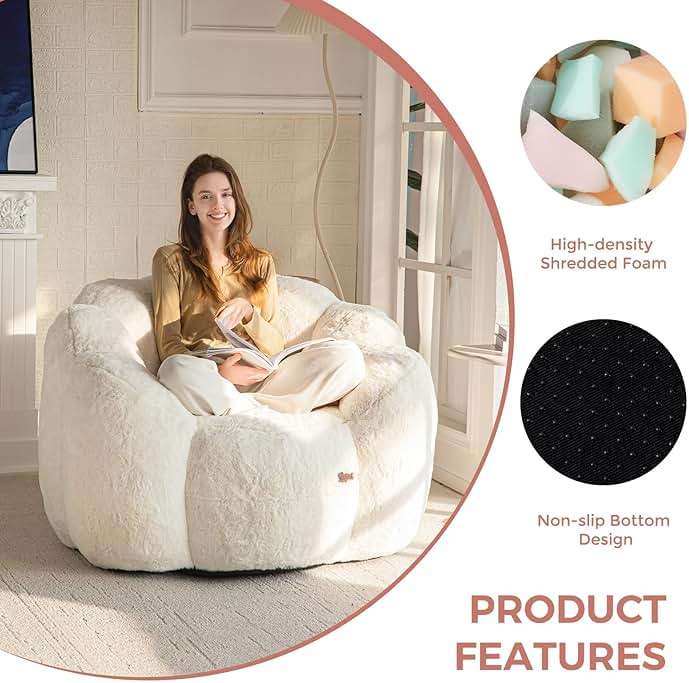 MAXYOYO Bean Bag Chair for Adults, Floral Shaped Bean Bag Sofa, Ultra Soft Faux Fur Floor Sofa, Large Reading Chair for Living Room Bedroom, Beige, Single - Image 7