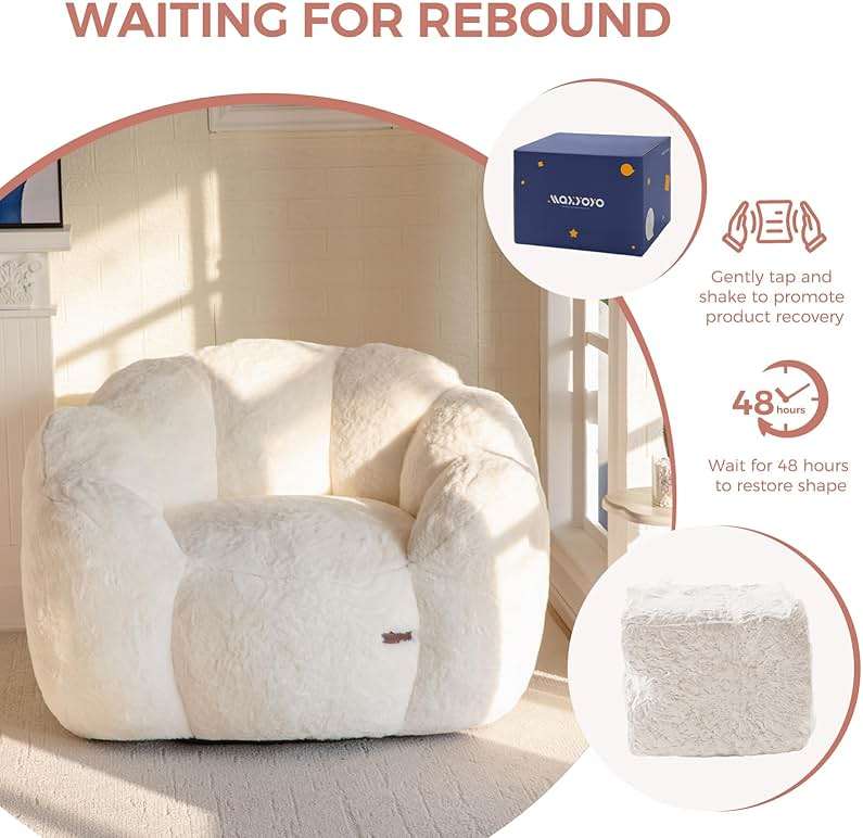MAXYOYO Bean Bag Chair for Adults, Floral Shaped Bean Bag Sofa, Ultra Soft Faux Fur Floor Sofa, Large Reading Chair for Living Room Bedroom, Beige, Single - Image 8