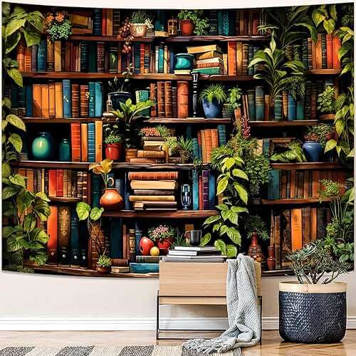 Accnicc Botanical Bookshelf Tapestry Lush Green Plant Book Shelf Tapestries Wall Hanging Art Vintage Retro Potted Plants Academics Library Book Tapestry for Bedroom Living Room Dorm 80 x 60 inch - Image 2