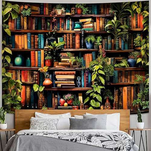 Accnicc Botanical Bookshelf Tapestry Lush Green Plant Book Shelf Tapestries Wall Hanging Art Vintage Retro Potted Plants Academics Library Book Tapestry for Bedroom Living Room Dorm 80 x 60 inch - Image 3
