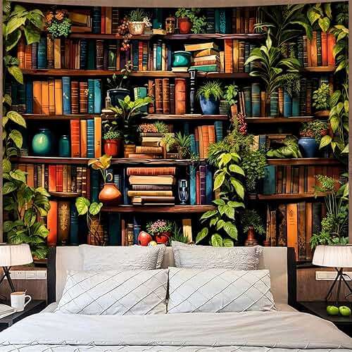 Accnicc Botanical Bookshelf Tapestry Lush Green Plant Book Shelf Tapestries Wall Hanging Art Vintage Retro Potted Plants Academics Library Book Tapestry for Bedroom Living Room Dorm 80 x 60 inch - Image 4