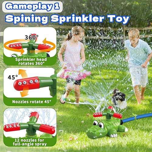 Intoypad 4-in-1 Kids Water Sprinklers T Ball Set & Water Ball Toy, Crocodile Baseball Sprinkler for Backyard Outdoor Summer Toys for Boys Girls Outside Yard Water Game Toys for Kids Toddlers Ages 3-8 - Image 2