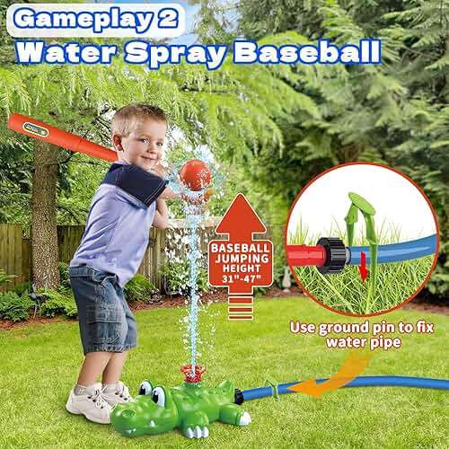 Intoypad 4-in-1 Kids Water Sprinklers T Ball Set & Water Ball Toy, Crocodile Baseball Sprinkler for Backyard Outdoor Summer Toys for Boys Girls Outside Yard Water Game Toys for Kids Toddlers Ages 3-8 - Image 3