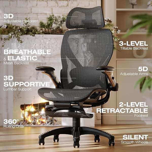 ELABEST X100 Ergonomic Mesh Office Chair with Footrest, Big and Tall Hone Desk Chair with 5D Flip-Up Arms, Adjustable 3D Lumbar Support,Gaming & Executive Computer Chairs - Image 3