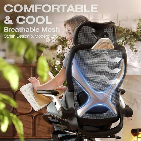 ELABEST X100 Ergonomic Mesh Office Chair with Footrest, Big and Tall Hone Desk Chair with 5D Flip-Up Arms, Adjustable 3D Lumbar Support,Gaming & Executive Computer Chairs - Image 9