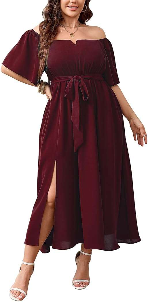 SCOMCHIC Womens Plus Size Formal Dresses Off The Shoulder Wedding Guest Cocktail A-Line Split Maxi Dress with Pockets - Image 1