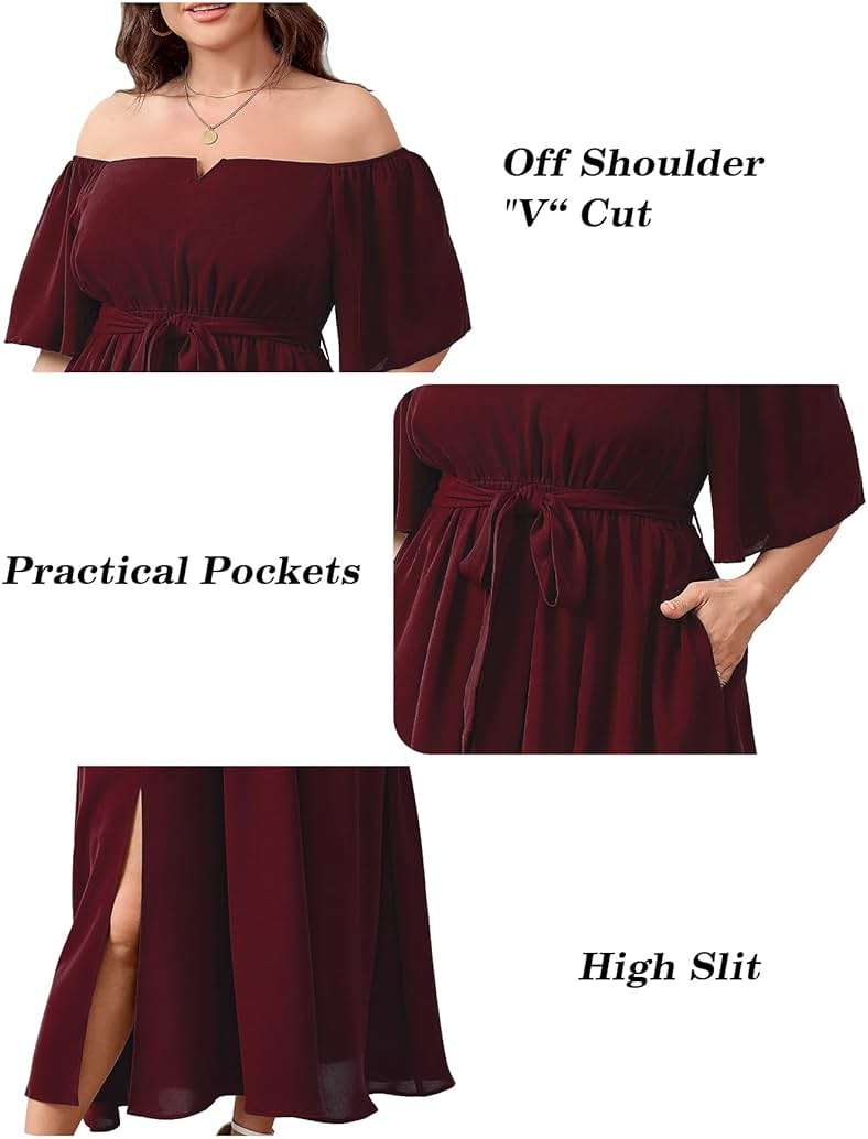 SCOMCHIC Womens Plus Size Formal Dresses Off The Shoulder Wedding Guest Cocktail A-Line Split Maxi Dress with Pockets - Image 3