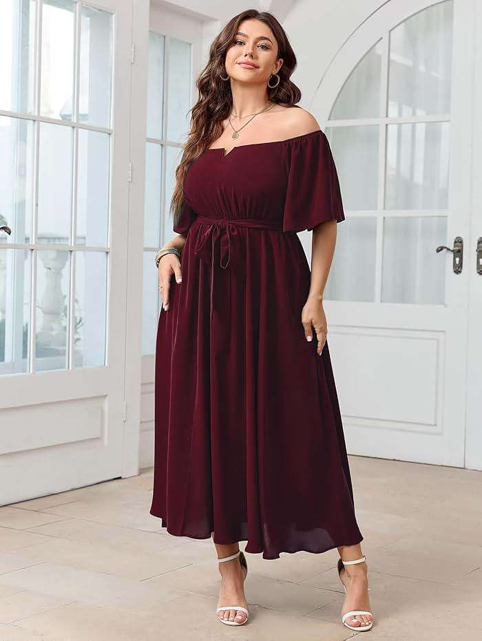 SCOMCHIC Womens Plus Size Formal Dresses Off The Shoulder Wedding Guest Cocktail A-Line Split Maxi Dress with Pockets - Image 7