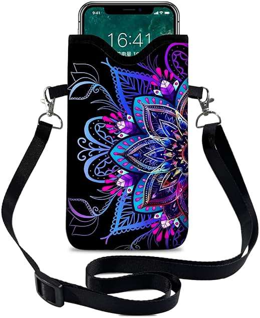 otilil Neoprene Cell Phone Sleeve Pouch Case Bag with Crossbody Strap Neck Lanyard for Women 7.1 X 3.9 in Purple Flower - Image 1