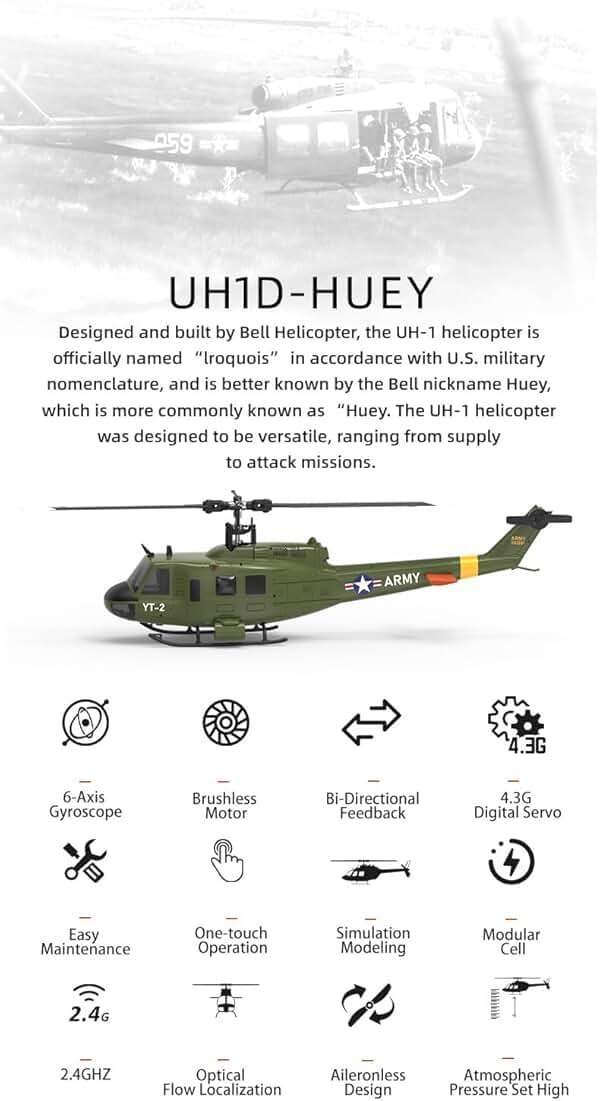 Wooptoothy YUXIANG F07 UH-1D RC Helicopter for Adult, 1/34 Scale 2.4G 6CH Brushless Direct-Drive Flybarless Helicopter Model with 6-Axis Gyro, 3D/6G RC Aircraft Model Toys (3 Batteries) - Image 3