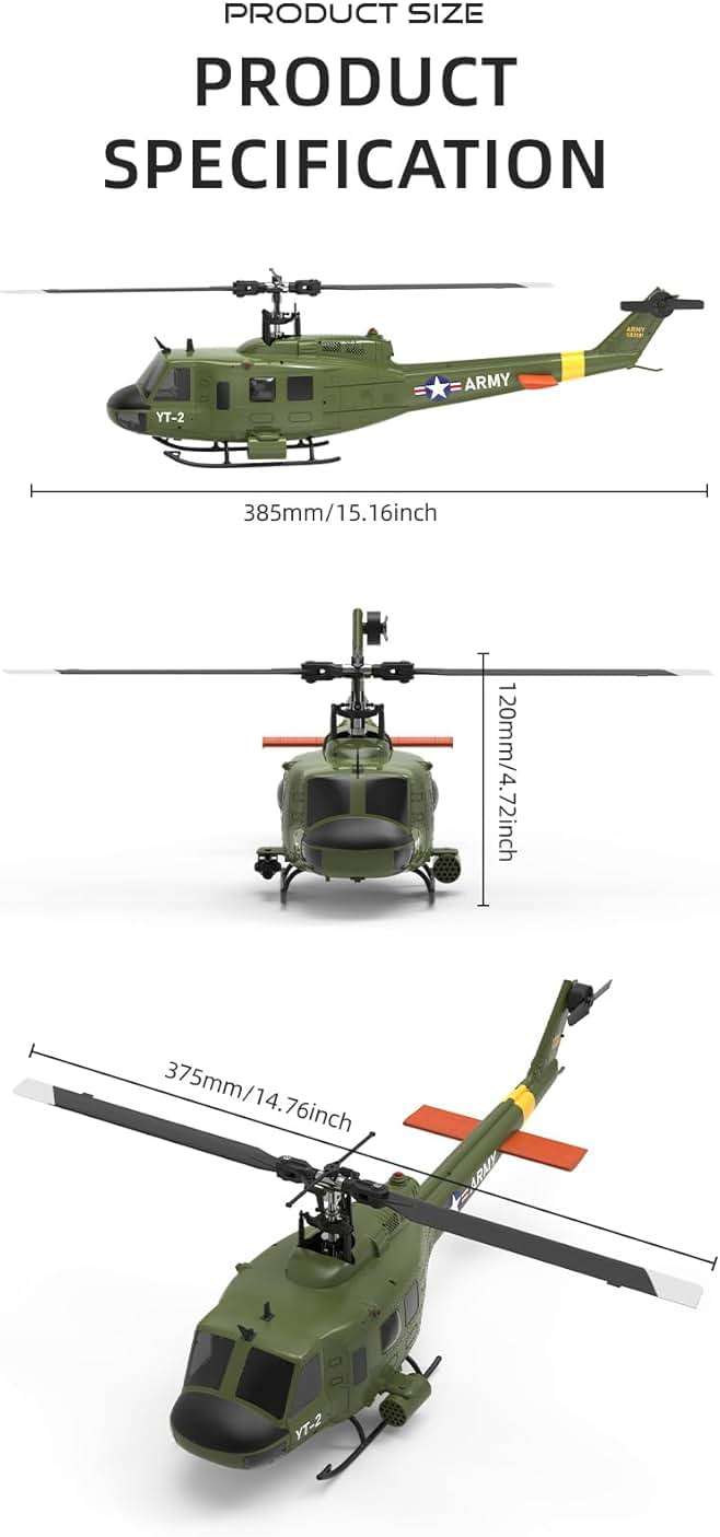 Wooptoothy YUXIANG F07 UH-1D RC Helicopter for Adult, 1/34 Scale 2.4G 6CH Brushless Direct-Drive Flybarless Helicopter Model with 6-Axis Gyro, 3D/6G RC Aircraft Model Toys (3 Batteries) - Image 7