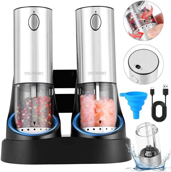 Electric Salt and Pepper Grinder Set Stainless steel,Large Capacity Automatic Pepper Mill Grinder with Upgraded Rechargeable Base and LED Light, Variable Grinding Speed, External Adjustable Coarseness - Image 1