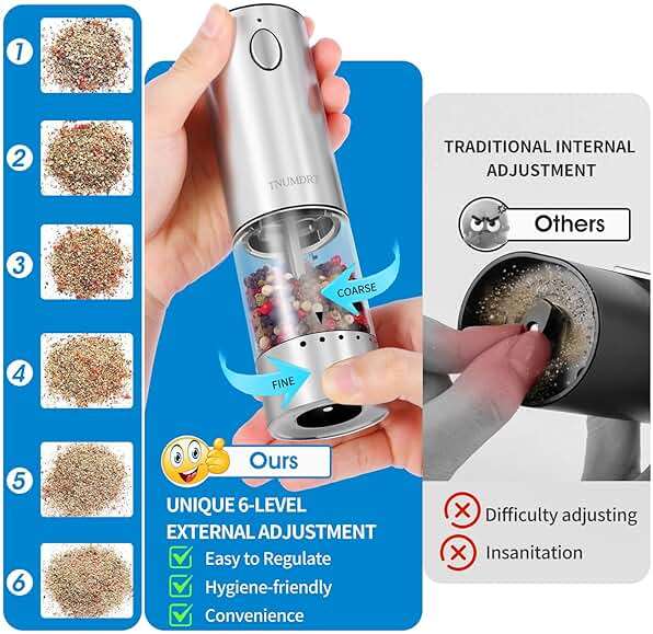 Electric Salt and Pepper Grinder Set Stainless steel,Large Capacity Automatic Pepper Mill Grinder with Upgraded Rechargeable Base and LED Light, Variable Grinding Speed, External Adjustable Coarseness - Image 2