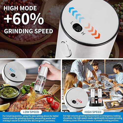 Electric Salt and Pepper Grinder Set Stainless steel,Large Capacity Automatic Pepper Mill Grinder with Upgraded Rechargeable Base and LED Light, Variable Grinding Speed, External Adjustable Coarseness - Image 3