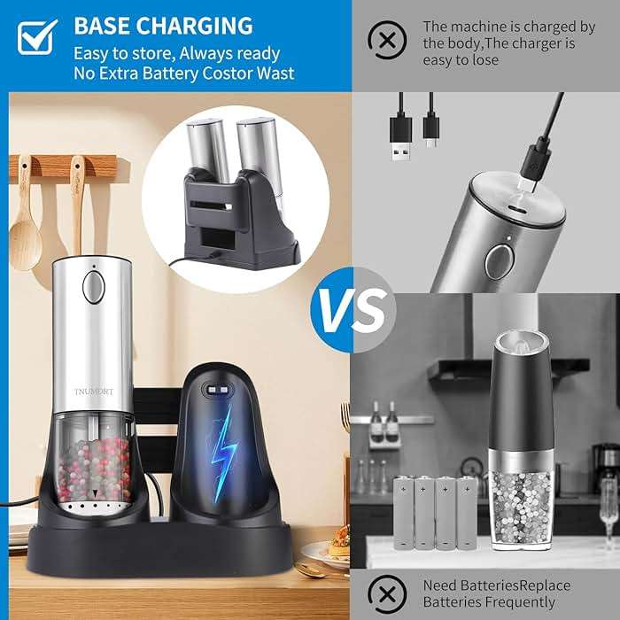 Electric Salt and Pepper Grinder Set Stainless steel,Large Capacity Automatic Pepper Mill Grinder with Upgraded Rechargeable Base and LED Light, Variable Grinding Speed, External Adjustable Coarseness - Image 6