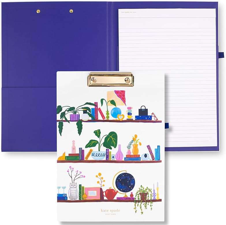 kate spade new york A4 Clipboard Folio with Low Profile Clip, Professional Padfolio Includes Lined Notepad, Pen Loop, and Pocket, Charmed Library - Image 1