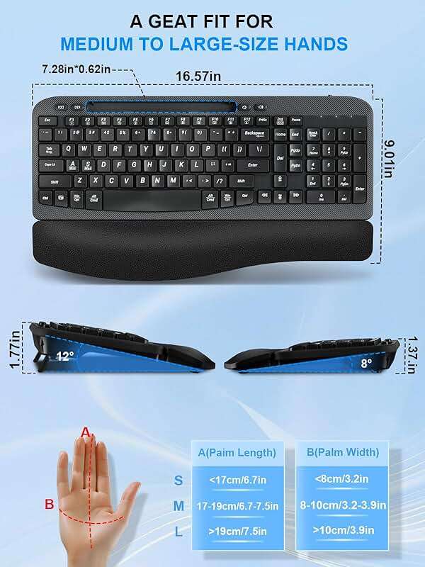 Hayyiesh Ergonomic Wave Keys Wireless Keyboard and Mouse Combo, Full Size with Memory Foam Wrist Rest & Phone Holder, 2.4G Cordless Set with USB-C Adapter for Windows Mac Desktop Laptop (Black) - Image 3