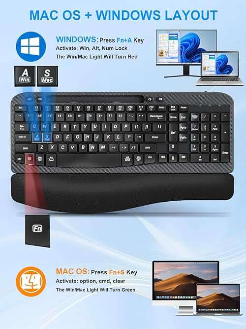 Hayyiesh Ergonomic Wave Keys Wireless Keyboard and Mouse Combo, Full Size with Memory Foam Wrist Rest & Phone Holder, 2.4G Cordless Set with USB-C Adapter for Windows Mac Desktop Laptop (Black) - Image 7