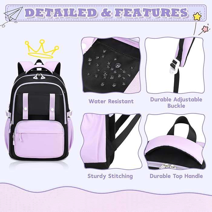 MUSEVOS Girls Backpack, Ideal School Backpack for Girls from Elementary to Teen Years, Kawaii Bookbag Cute Large Capacity (BLACK&PURPLE) - Image 6