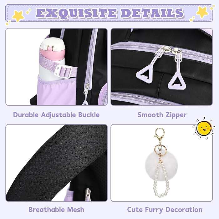 MUSEVOS Girls Backpack, Ideal School Backpack for Girls from Elementary to Teen Years, Kawaii Bookbag Cute Large Capacity (BLACK&PURPLE) - Image 9