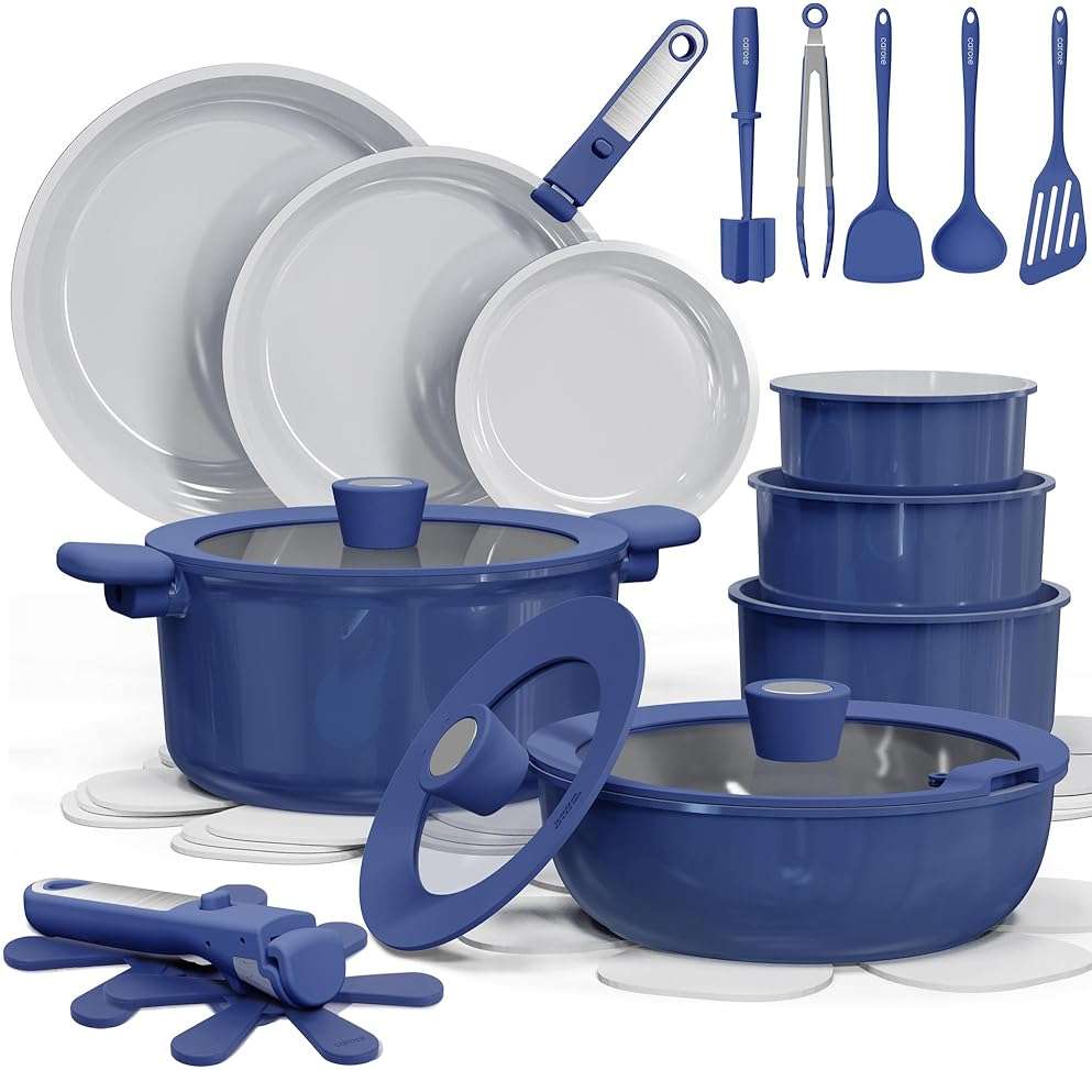 CAROTE 27pcs Ceramic Cookware Set Nonstick, Pots and Pans Set Non Stick, Non Toxic Cookware Detachable Handles, Dishwasher/Oven Safe, RV/Camping Cookware with Kitchen Utensils, Blue - Image 1