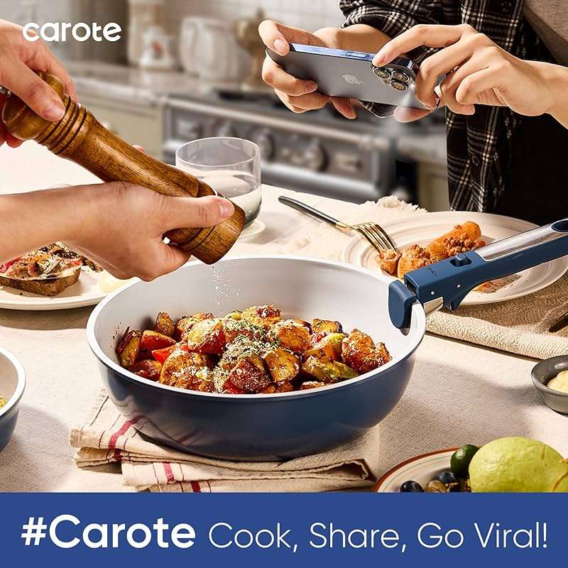 CAROTE 27pcs Ceramic Cookware Set Nonstick, Pots and Pans Set Non Stick, Non Toxic Cookware Detachable Handles, Dishwasher/Oven Safe, RV/Camping Cookware with Kitchen Utensils, Blue - Image 2