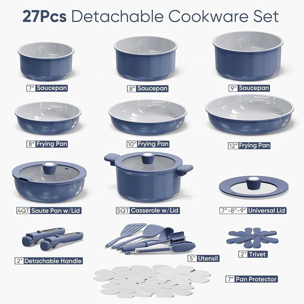 CAROTE 27pcs Ceramic Cookware Set Nonstick, Pots and Pans Set Non Stick, Non Toxic Cookware Detachable Handles, Dishwasher/Oven Safe, RV/Camping Cookware with Kitchen Utensils, Blue - Image 3