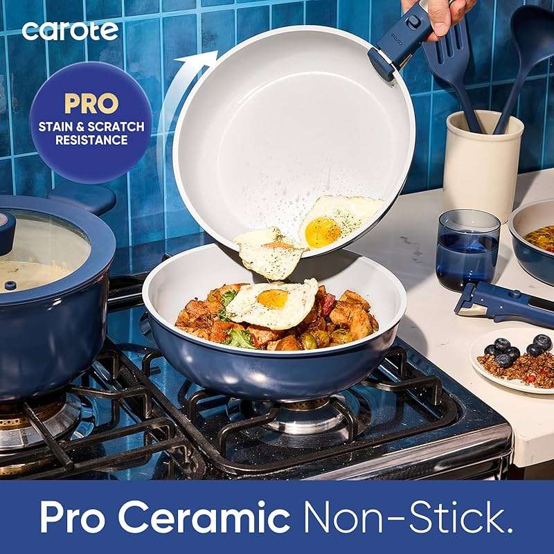 CAROTE 27pcs Ceramic Cookware Set Nonstick, Pots and Pans Set Non Stick, Non Toxic Cookware Detachable Handles, Dishwasher/Oven Safe, RV/Camping Cookware with Kitchen Utensils, Blue - Image 4