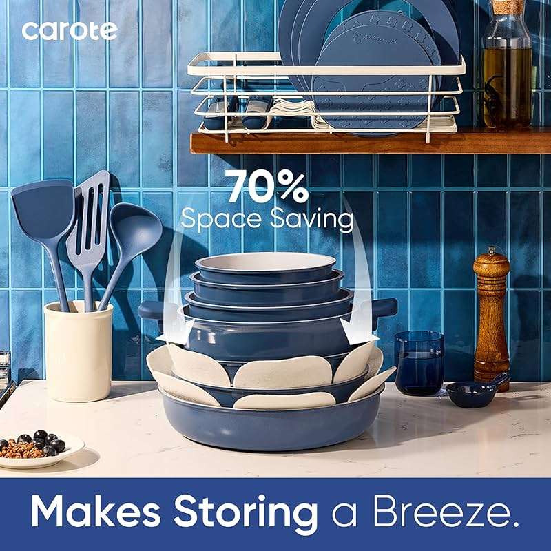 CAROTE 27pcs Ceramic Cookware Set Nonstick, Pots and Pans Set Non Stick, Non Toxic Cookware Detachable Handles, Dishwasher/Oven Safe, RV/Camping Cookware with Kitchen Utensils, Blue - Image 5